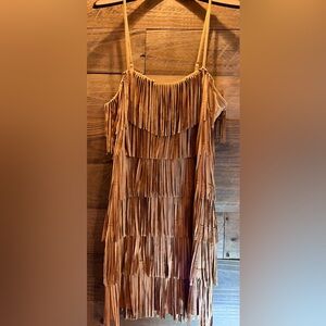 TRIXXI TAN VEGAN SUEDE LAYERED FRINGE FLAPPER STYLE SHORT DRESS
